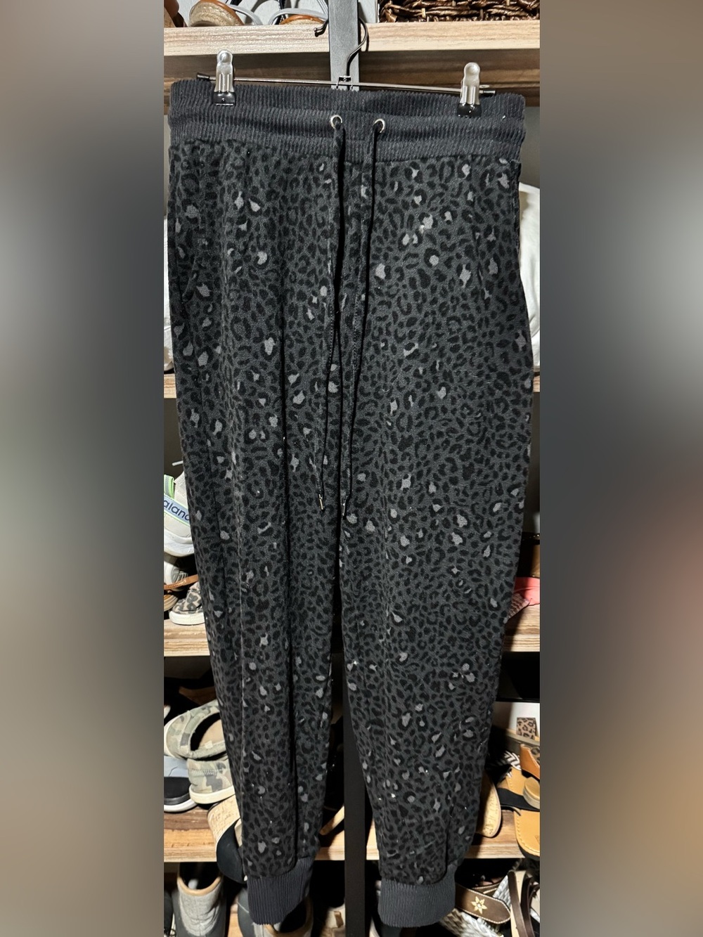 Time and Tru Black Leopard-Print Knit Joggers with Drawstring Waist